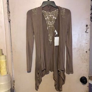 Gray Long Sleeve Cardigan with Lace Detail